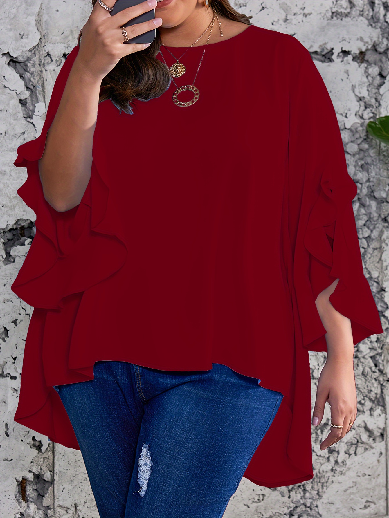 Plus Size Solid Ruffle Sleeve Blouse, Casual Crew Neck Irregular Hem Blouse For Spring, Women's Plus Size?Clothing