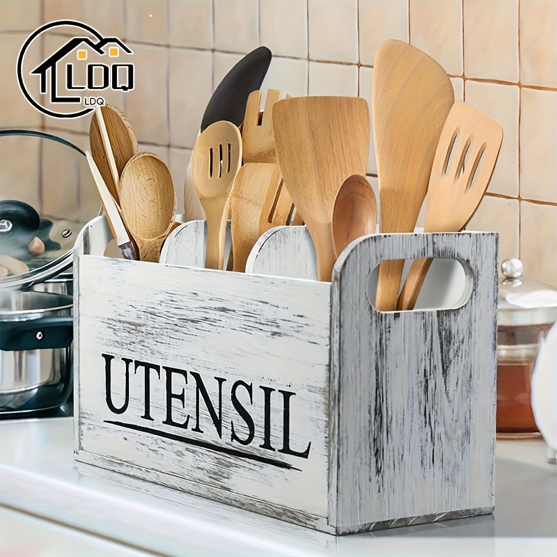 

Rustic Wooden Kitchen Utensil Holder - 3 Compartment Organizer Caddy For Countertop, Storage For Silverware & Cooking Tools, Non-power, Non-waterproof, Wood Rectangle Shape