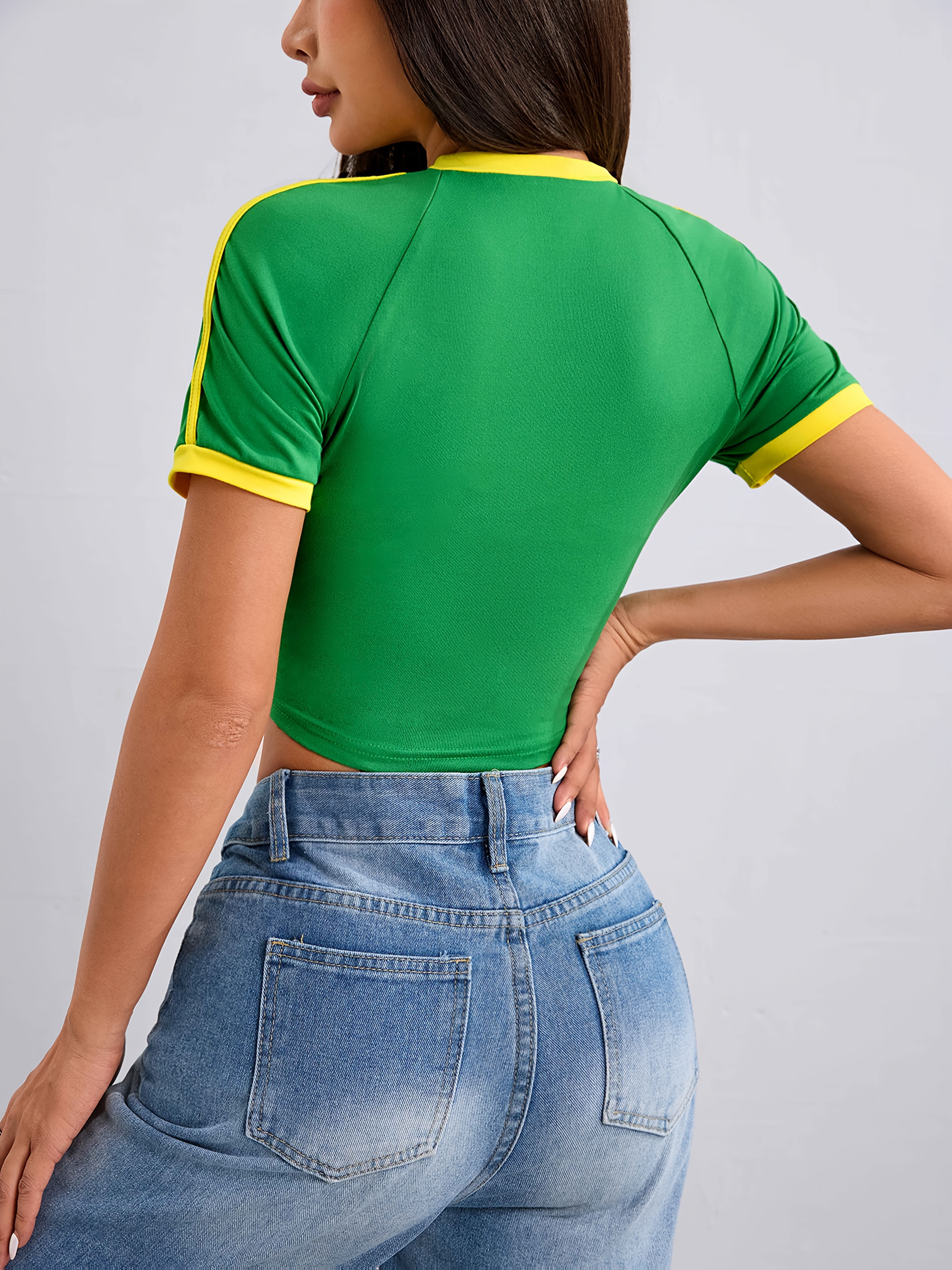 Letter Print Crew Neck T-Shirt, Y2K Short Sleeve Crop T-Shirt For Spring & Summer, Women's Clothing