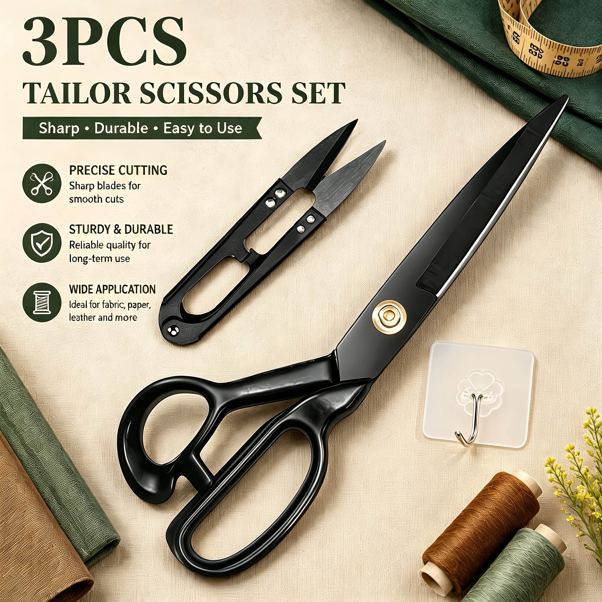 TEMU 3pcs [10-inch Tailor Scissors X1 + Thread X1 + Hook X1] Professional Heavy-duty 10-inch All- With Thread , Sharp Fabric Scissors For Tailoring &
