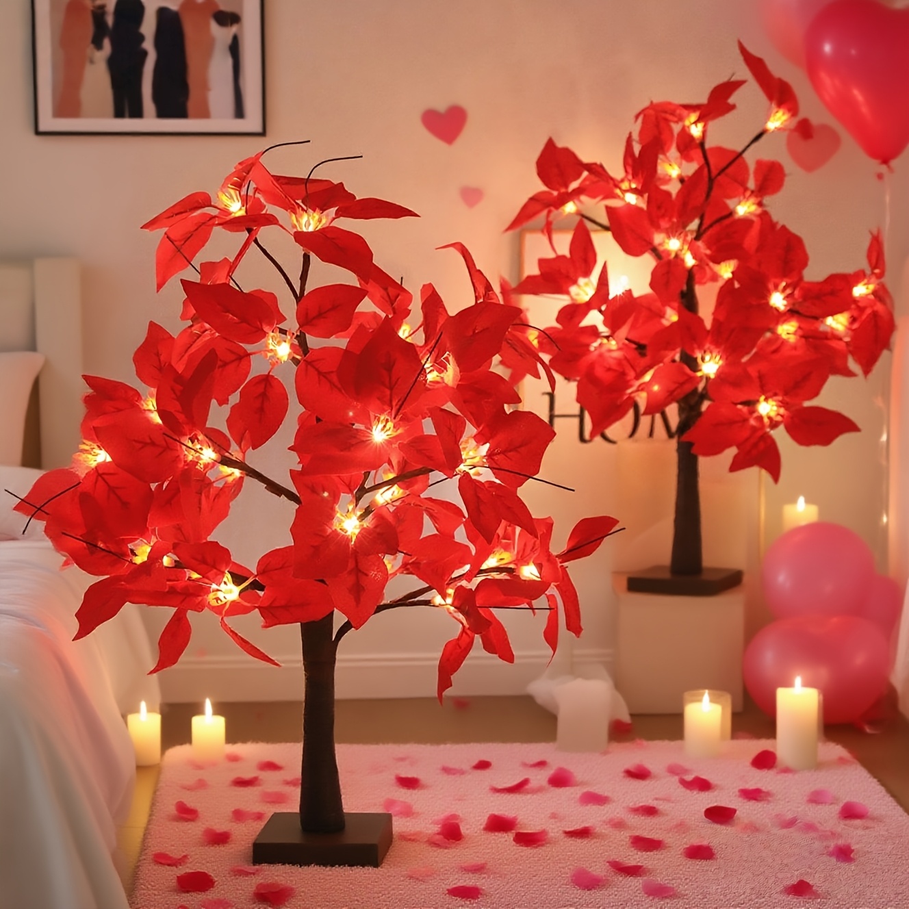 TEMU 2pcs 1.6ft Red Flower Tree Decor Lights, Artificial Poinsettia Tree Table Lamps, Ambient Lights For Halloween, Thanksgiving, Weddings & Birthday