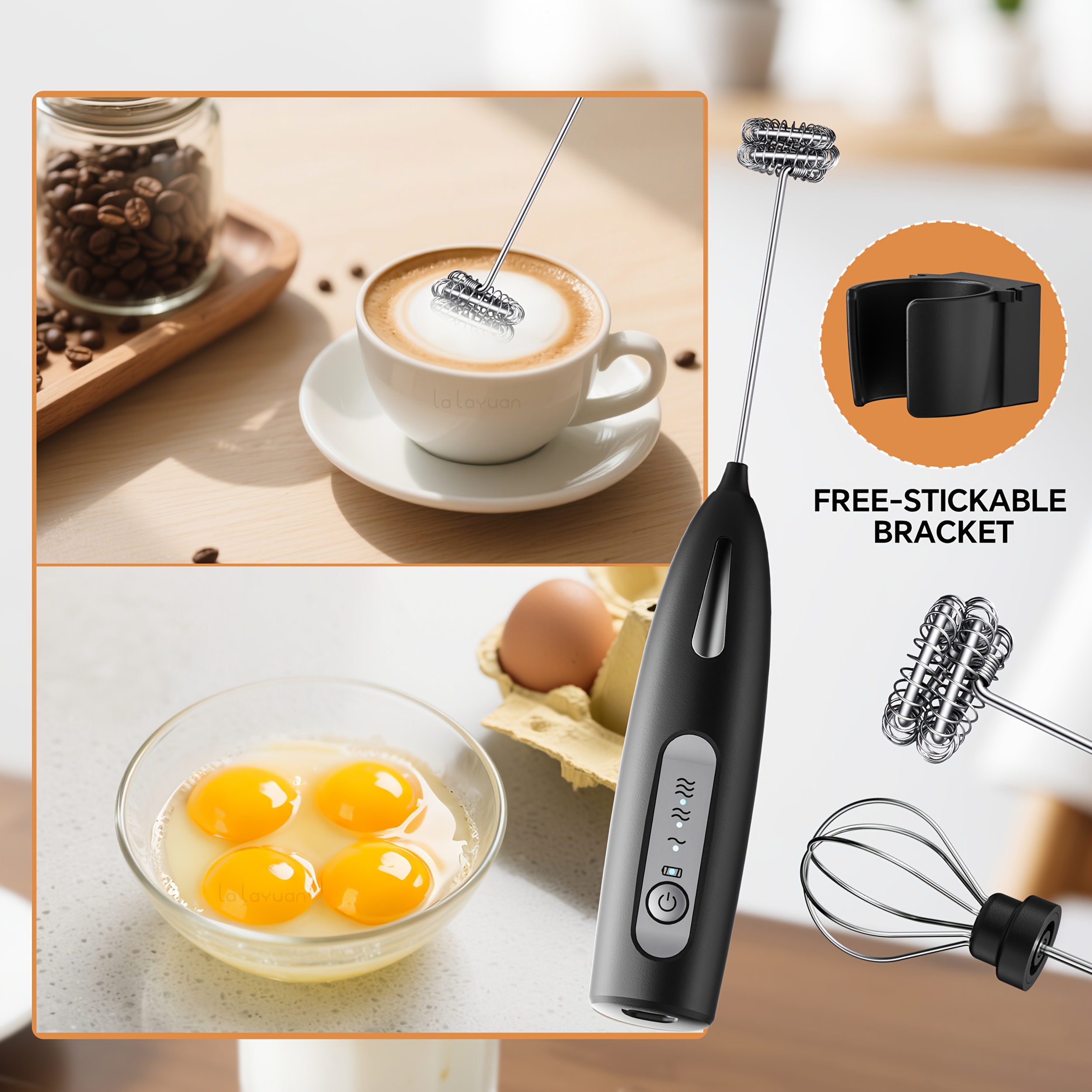 TEMU 3-speed Usb Rechargeable Electric Milk Frother, 1 Optional Head (foam Maker/egg Whisk) | Powerful Handheld Drink Mixer, For Coffee, Cap,