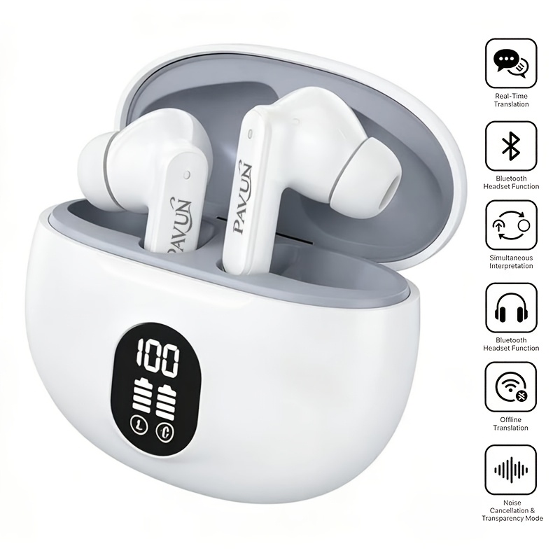 TEMU Translator Earbuds, Bluetooth 5.4, 156 Languages Real-time Translation, Noise Cancelling Led Display Mini Wireless Translation Headphones For