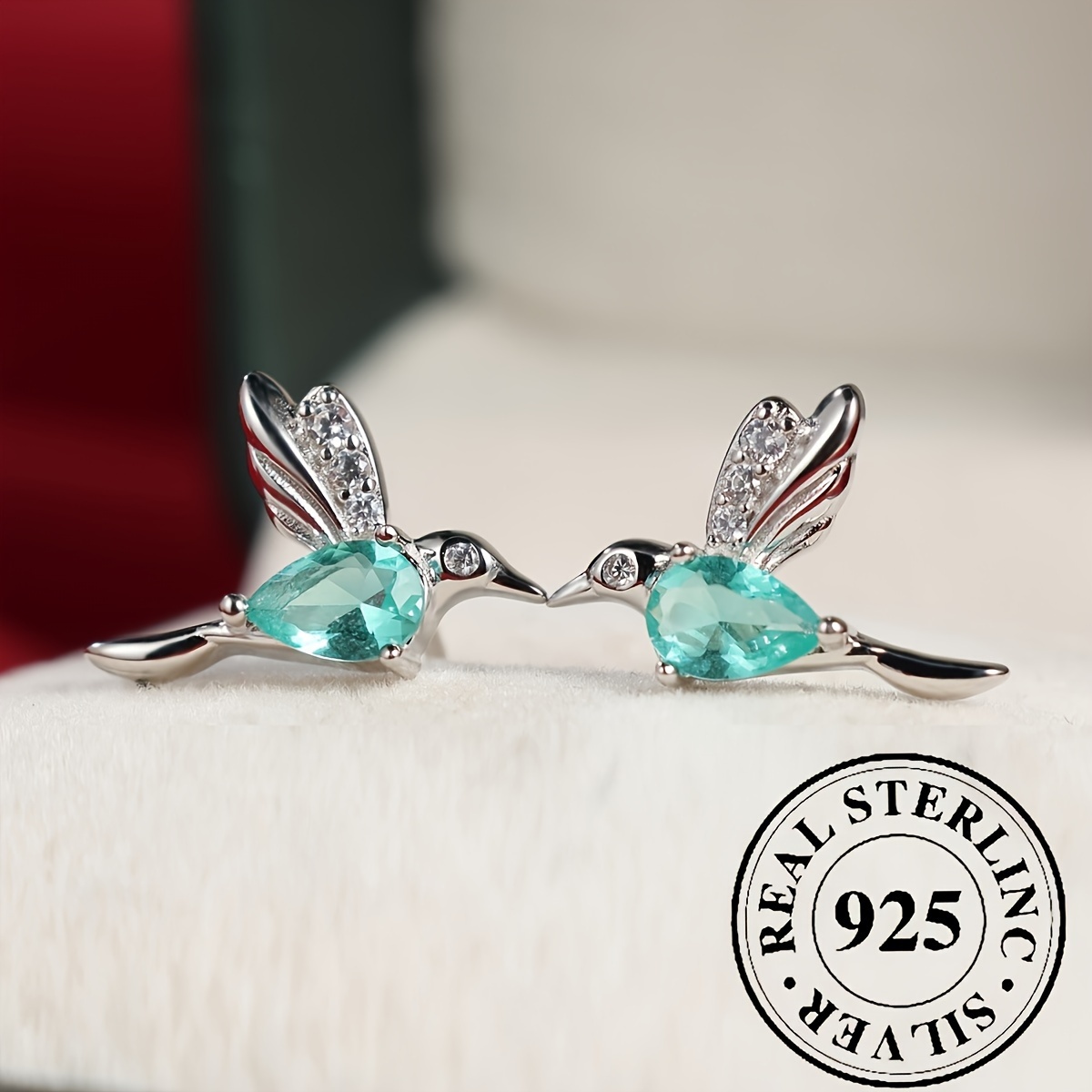 TEMU 1 Pair Elegant 925 Sterling Silver Hummingbird Stud Earrings With Green Synthetic Zirconia, Cute Retro Style, Delicate Gift For Women, Perfect