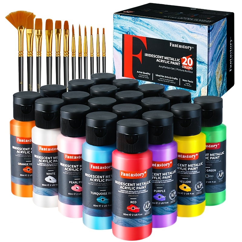 TEMU Fantastory Metallic Iridescent Acrylic Paint Set With 10 Brushes, 12/20 X 2oz Metallic Colors, Color-shifting Craft Paint Kit Metal Canvas