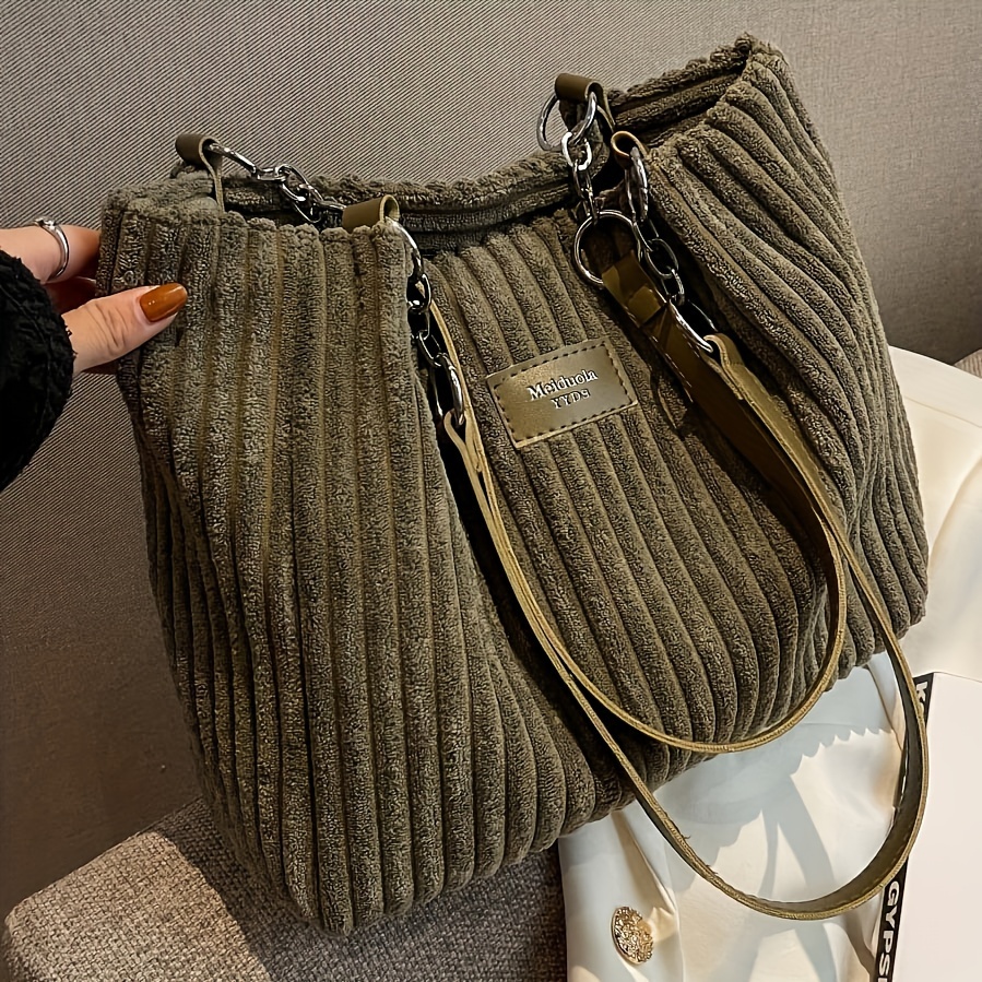 

Sac Fourre-Tout en Velours pour Femme - Grand Sac à Main en Toile Douce avec Bandoulière Fixe, Fermeture Éclair, Motif à Rayures /Blanc