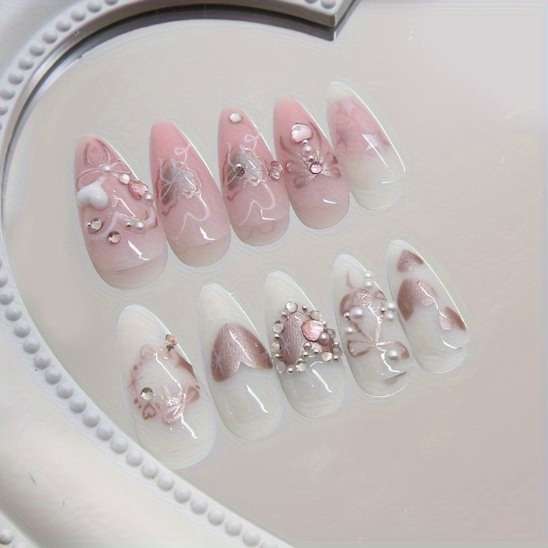 

24pcs Pink Teardrop Press-on Nails Set, Color With Glitter Stars And Rhinestones, Removable Butterfly Bow Fake Nail Tips, Medium Length