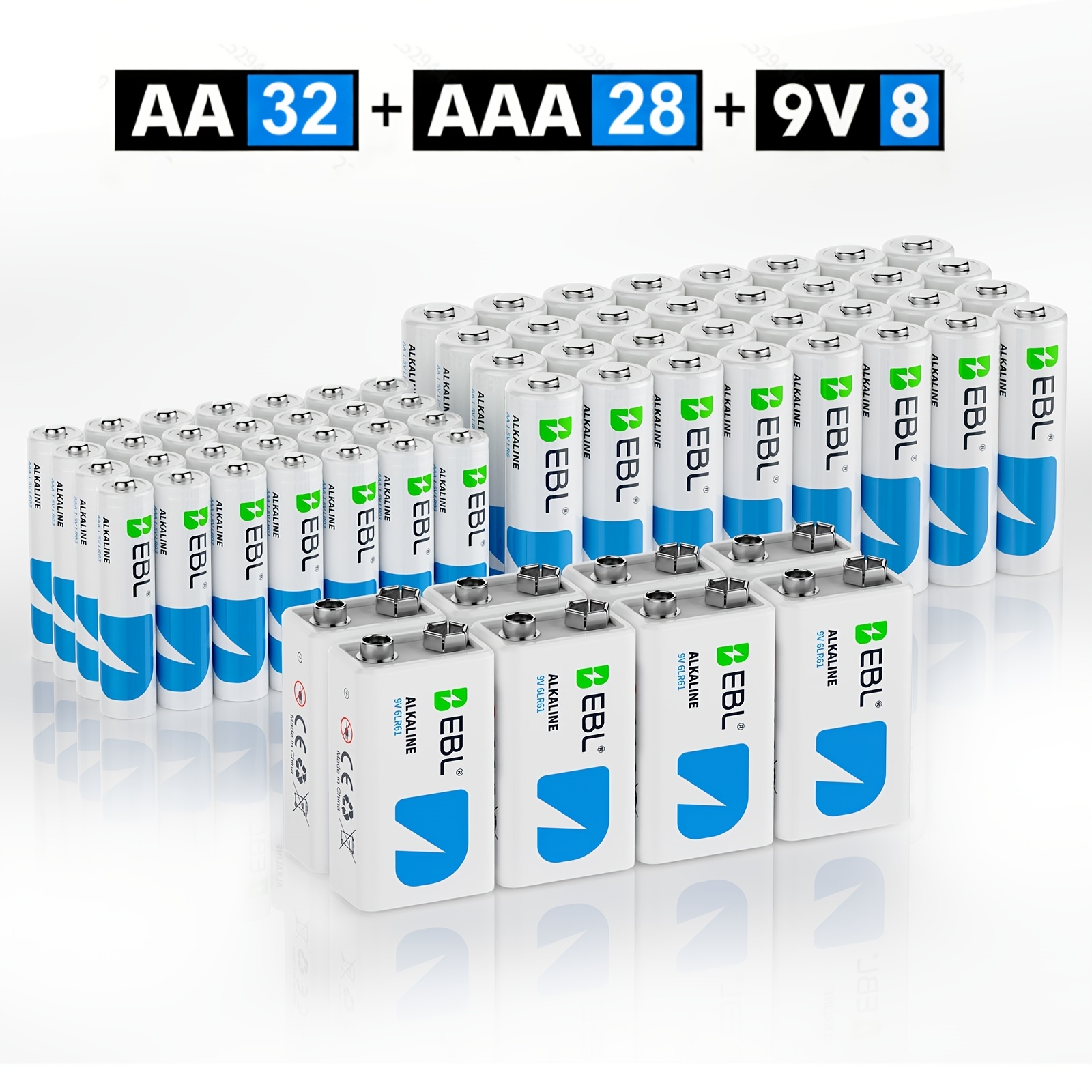 TEMU Ebl 68 Count Batteries , 32 Count Aa Batteries, 28 Count Aaa Batteries And 9v Batteries For Household Electronics