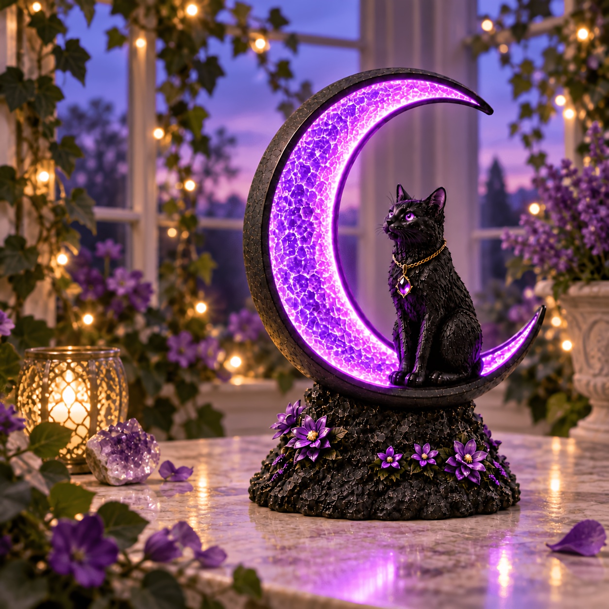 TEMU Black Cat Crescent Night Light, Purple Led Gothic Resin Lamp, Bedside Decor, Halloween And Fall Gift For Cat Lovers