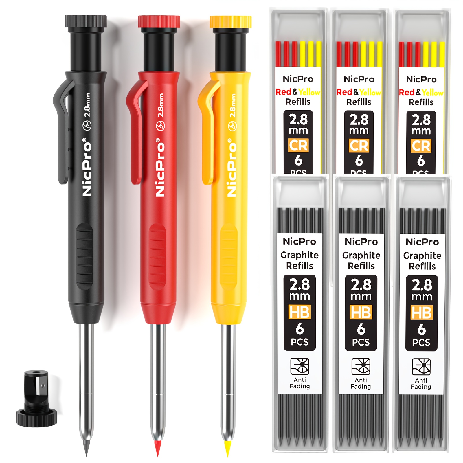 

Nicpro 3 Pack Carpenter Pencil With Sharpener, Mechanical Carpenter Pencils With 39 Refills, Construction Pencil Heavy Duty Woodworking Pencils (red, Black, Yellow)- With Case