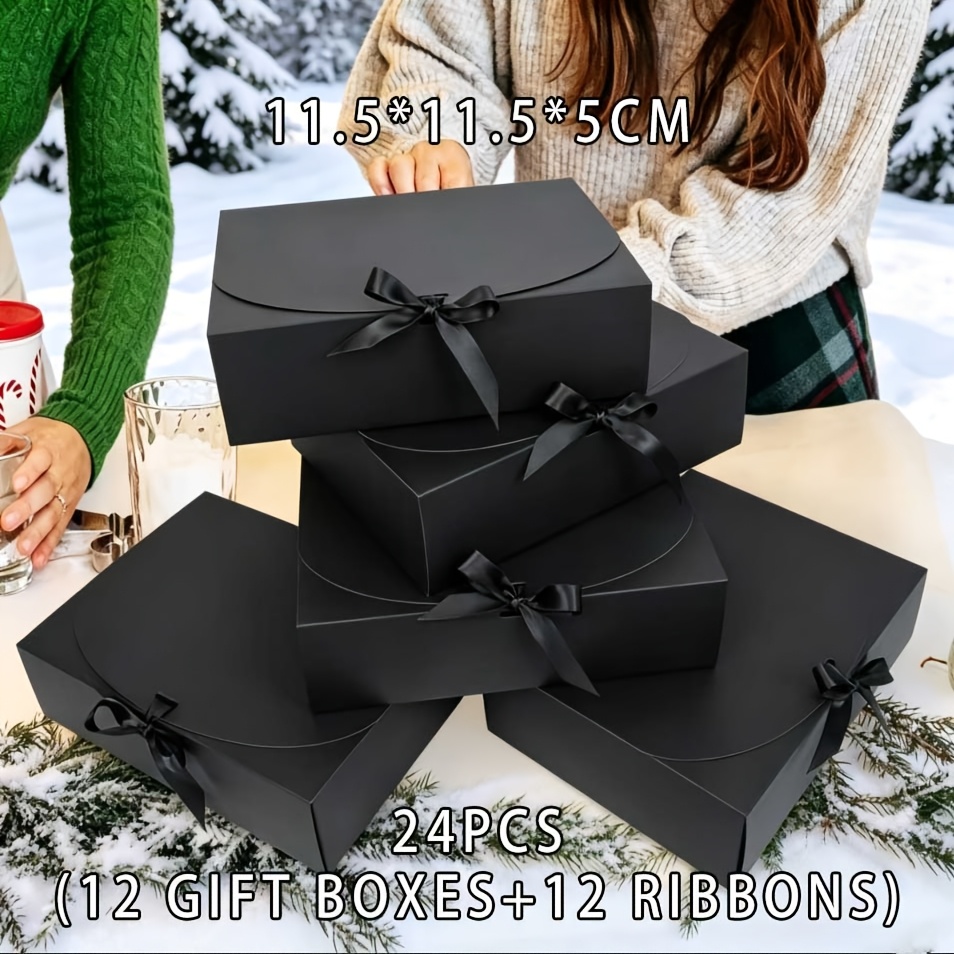 TEMU Gift For Her/him 24pcs (12 Gift Boxes, 12 Ribbons) Black Gift Boxes With Lids And Ribbons - Perfect For Elegant Weddings, Christmas, Birthdays,