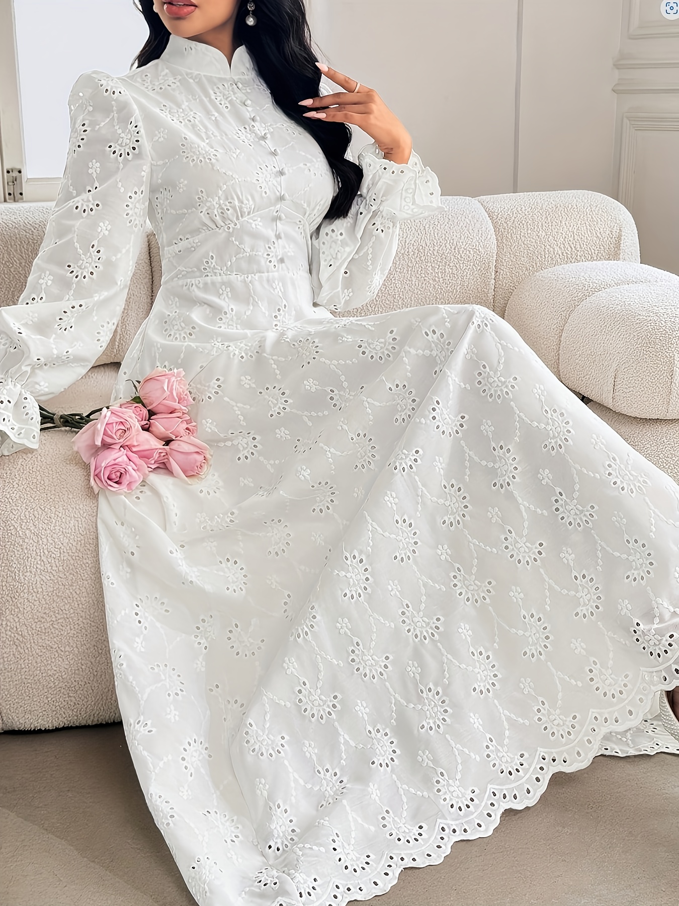 White embroidered maxi dress with puff sleeves and mandarin collar