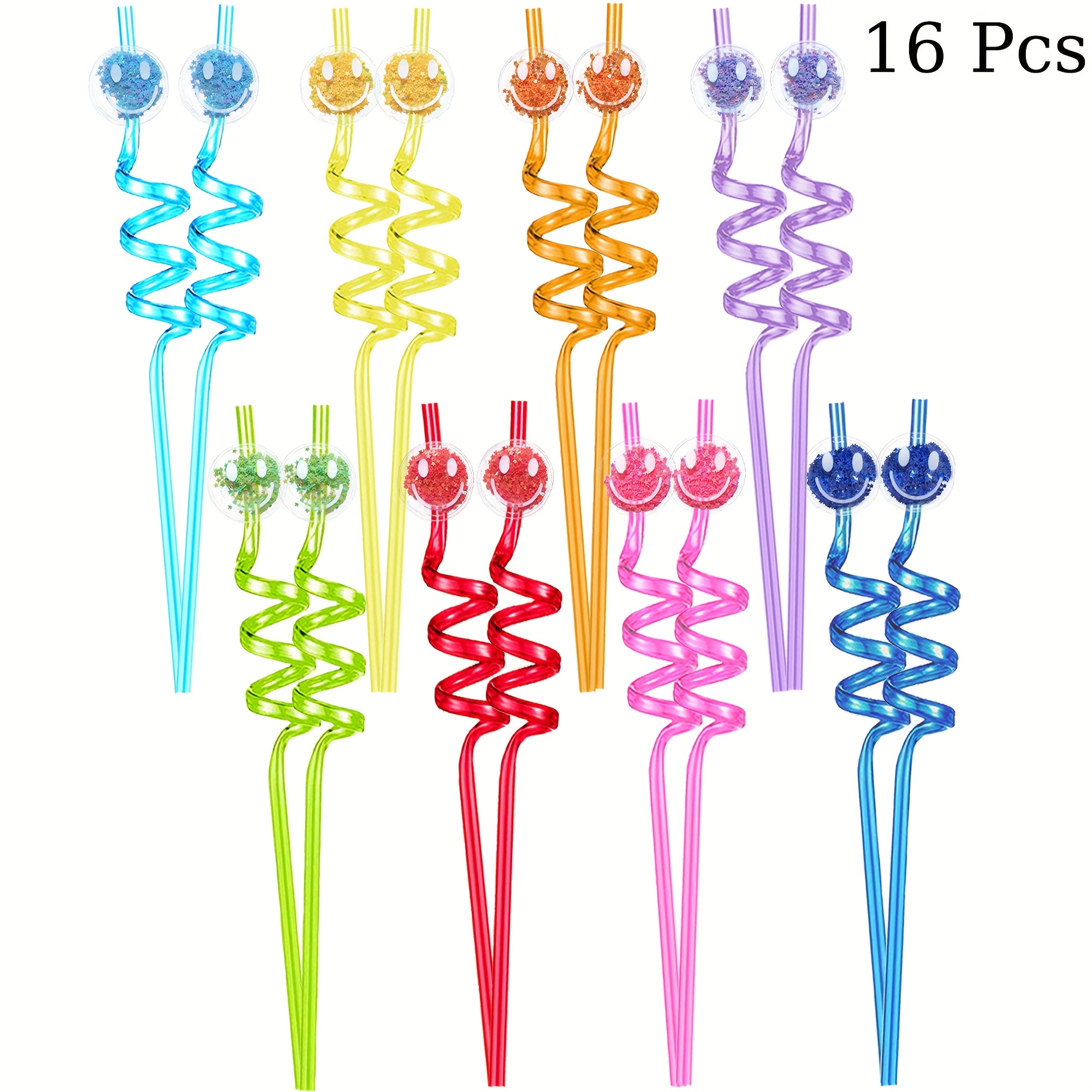 Image of Glitter Party Favors Smile Face Drinking Straws | Pet Material, Suitable For Food Contact, Random Colors For Birthday Party Supplies