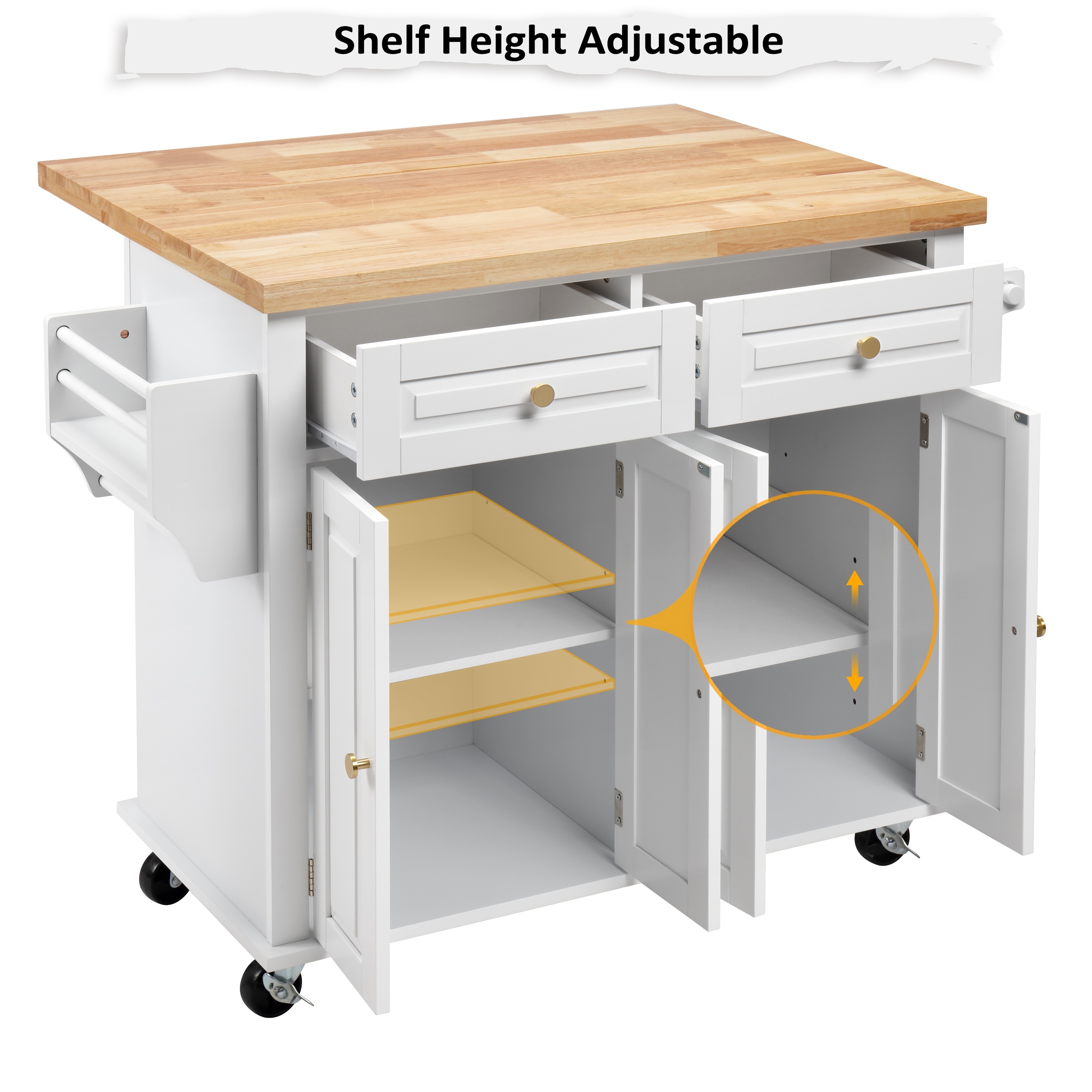 Rolling Kitchen Island with Drop Leaf, Thicken Rubberwood Top, Spice Rack, Towel Rack, Drawer, 43.3