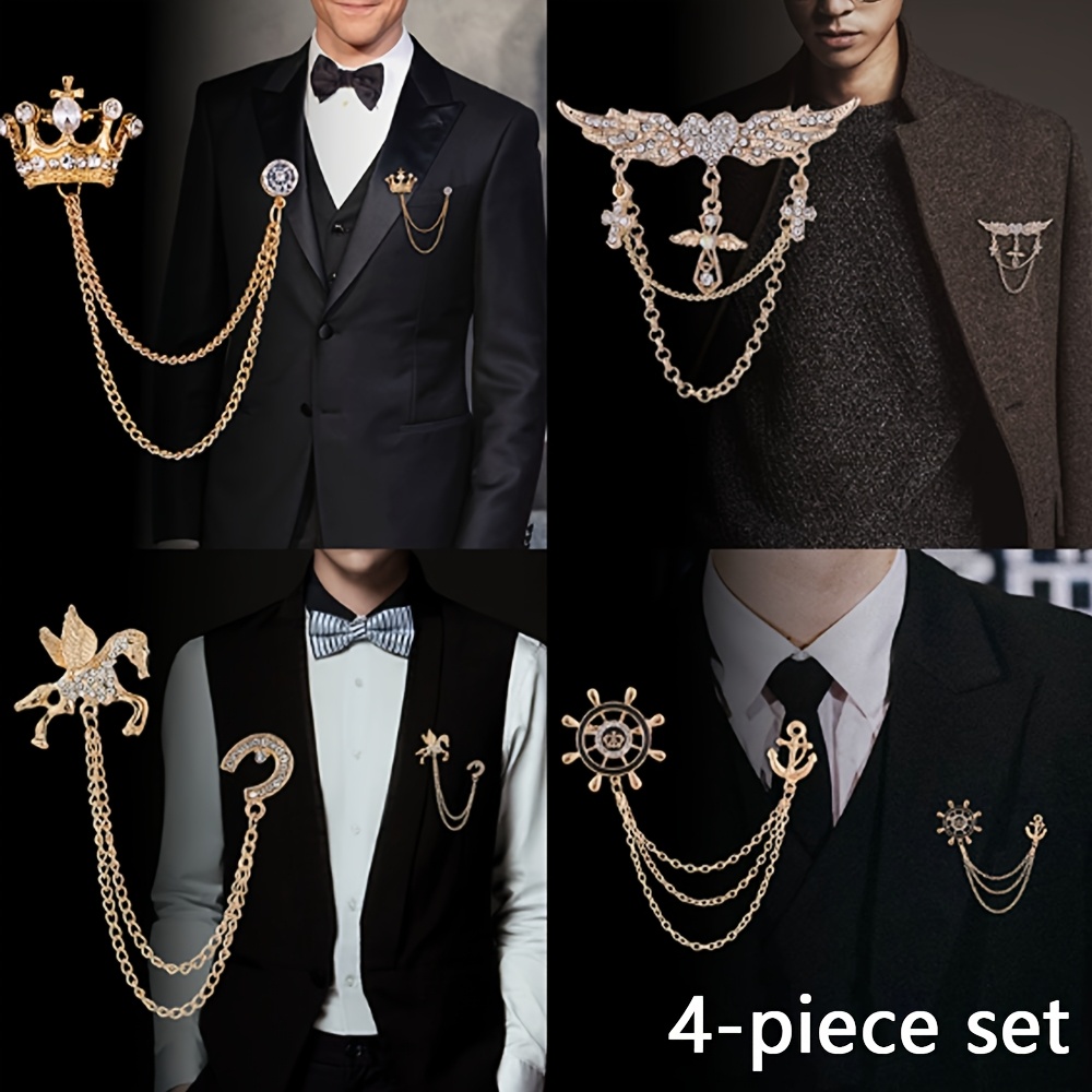 4pcs Elegant Men'S Lapel Pins Set - Golden Wing & Chain, Crown, Steering Wheel, Pegasus Design, Perfect for Tuxedos & Formal Wear, Formal Attire Accessories | Elegant Lapel Pins | Durable Alloy Pins, Lapel Pin Set