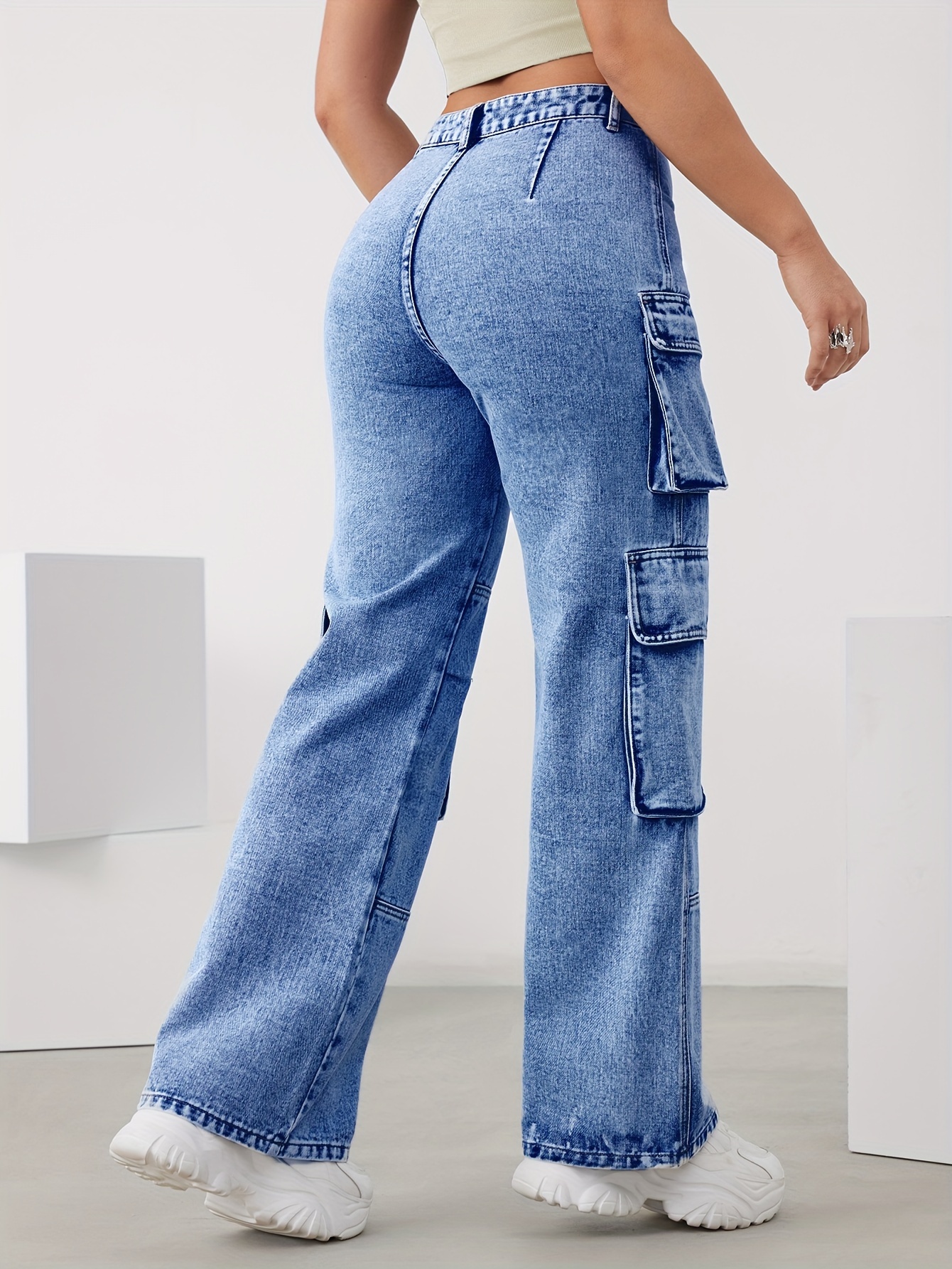 Suncolour Womens High Waisted Flare Jeans Wide Leg Denim Cargo Pants with  Multi-Pockets Streetwear at  Women's Jeans store