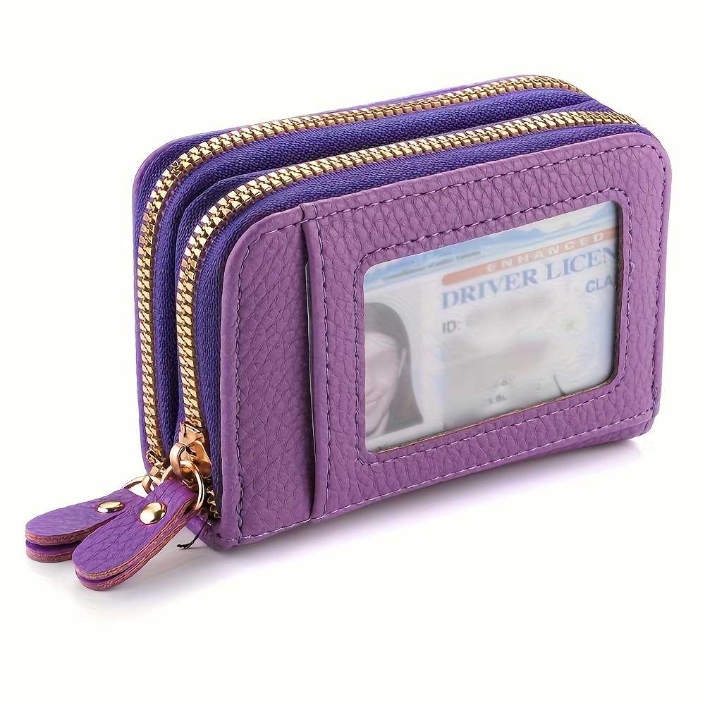Image of Dual Zipper Wallet Credit Card Holder Small Card Case With Window For Women Or Men Large Capacity Coin Purse