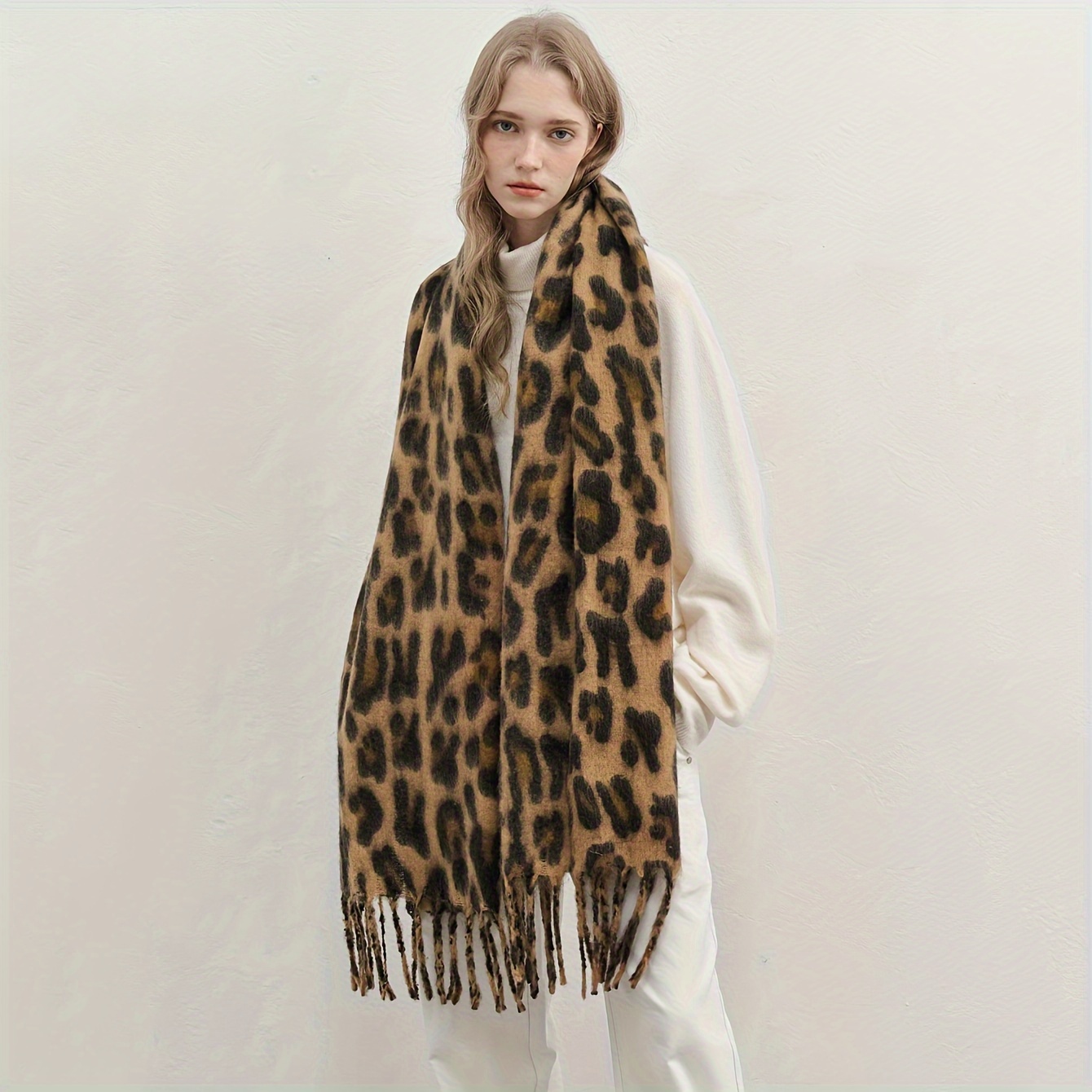 

Luxurious Leopard Print Scarf For Fall & Winter - Elegant, Cozy, 100% Polyester Shawl With Tassels - Fashion Accessory In Khaki/dark Brown/camel - Hand Or Only, Luxury Scarf