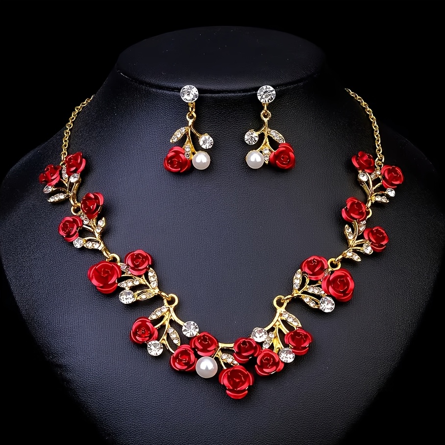 E-shop Ein elegantes süßes Rosenblumen-Halsketten- Ohrring-Set für Damen, für Feiertage, Geburtstage, Dates, Bälle, , Hochzeiten, Partys, Urlaub,