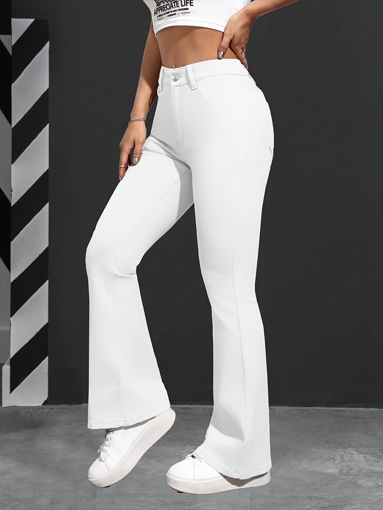 elegant high waist white flare jeans women stretch denim Temu