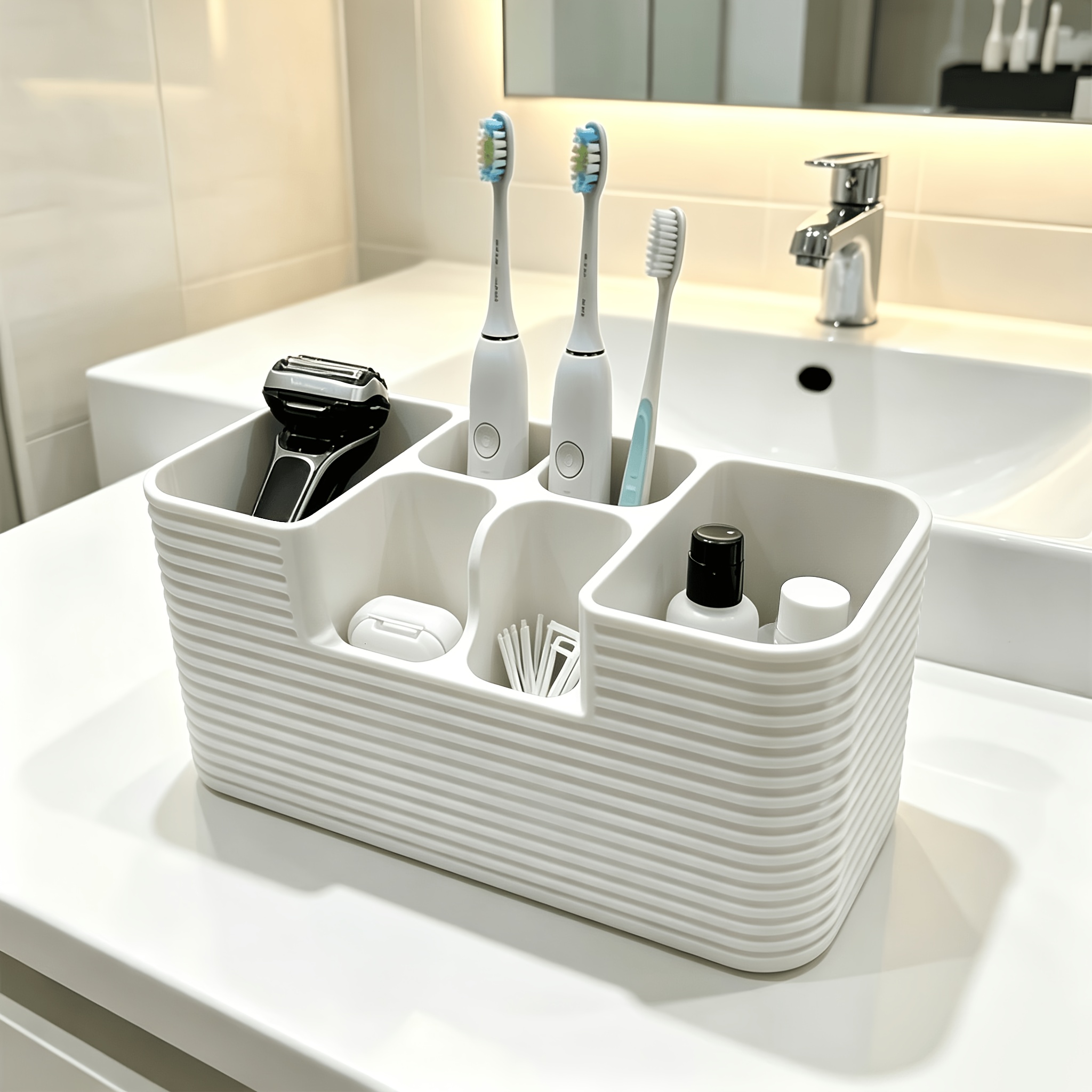 TEMU Porte-brosse à dents, Organisateur de comptoir de salle de bain multi-compartiments, Grand organisateur de multi-fentes, Boîte de rangement de
