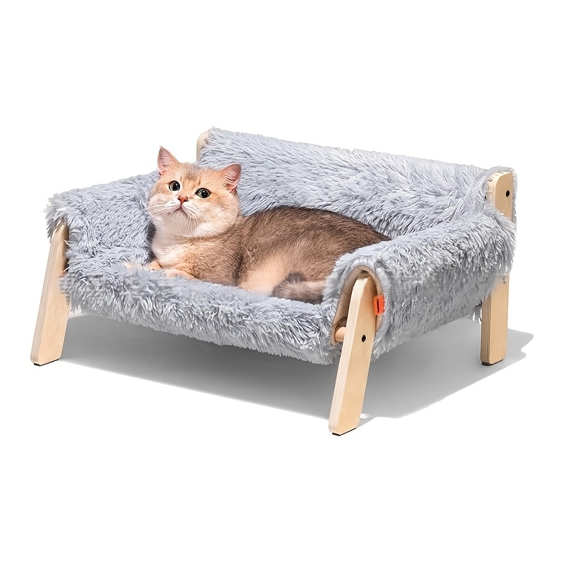 Image of Wooden Cat Couch Bed With Removable Mattress Cover - Elevated Pet Sofa For Indoor Cats, Kittens, Puppies, And Small Animals - Detachable Design, Suitable For