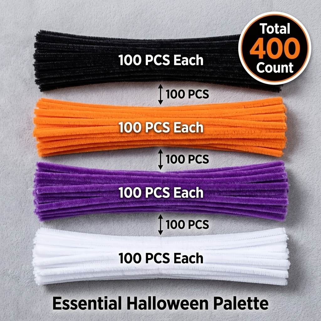 TEMU Lot de 400 tiges de chenille sur le thème d'Halloween, avec 4 combinaisons de couleurs : noir, orange, blanc et violet. Le fil duveteux est
