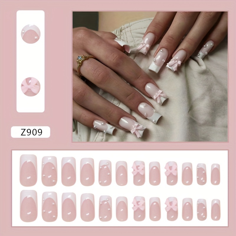 Removable Press-on Nails, Simple With And Rhinestones, 24pcs