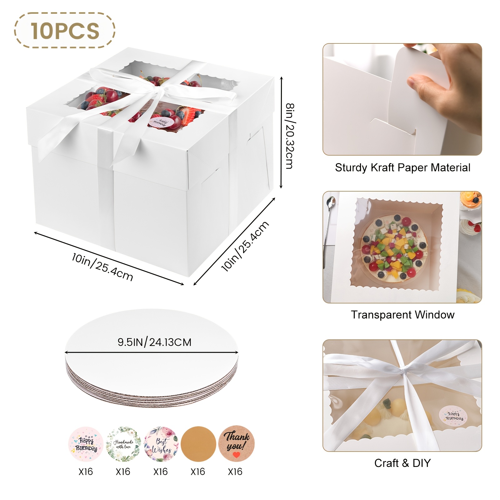 

10-pack 10x10x8 Inches Boxes With Window, Tall Cake Box With Window, Boxes Stickers And Ribbons, Large Baking Boxes, Cake Boxes With Window For Cakes, Pastries, Pies, Desserts, Valentine's Day