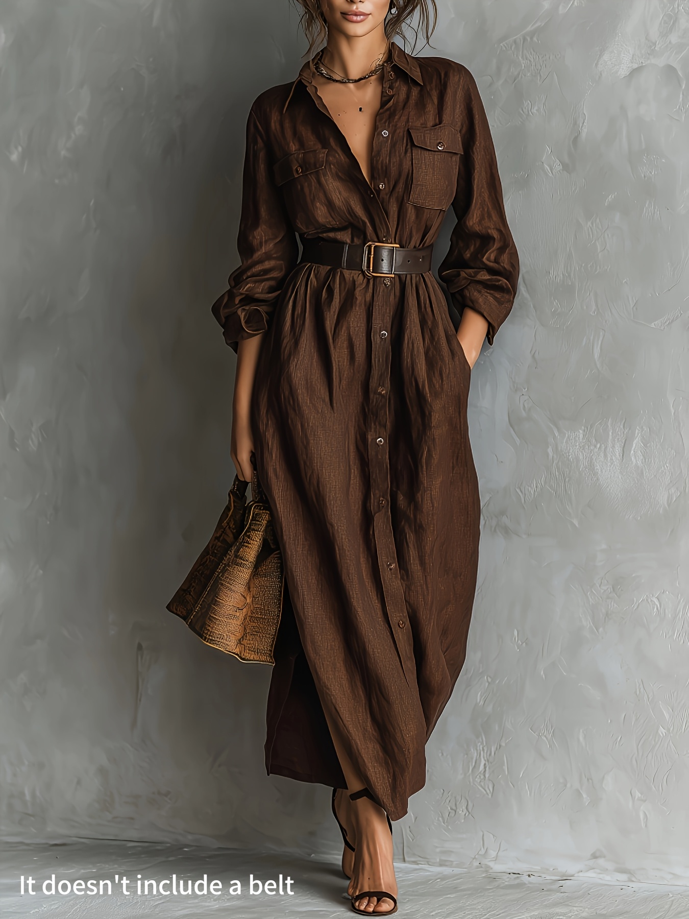 dark brown shirt dress long sleeves utility pockets waist - Temu Chile