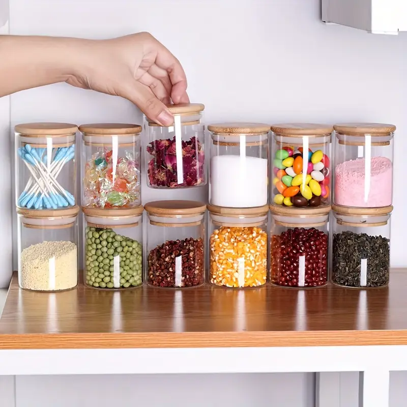 5oz airtight glass jar with bamboo lid multipurpose mini food storage container for tea herbs coffee reusable round kitchen organizer jars for kitchen details 1