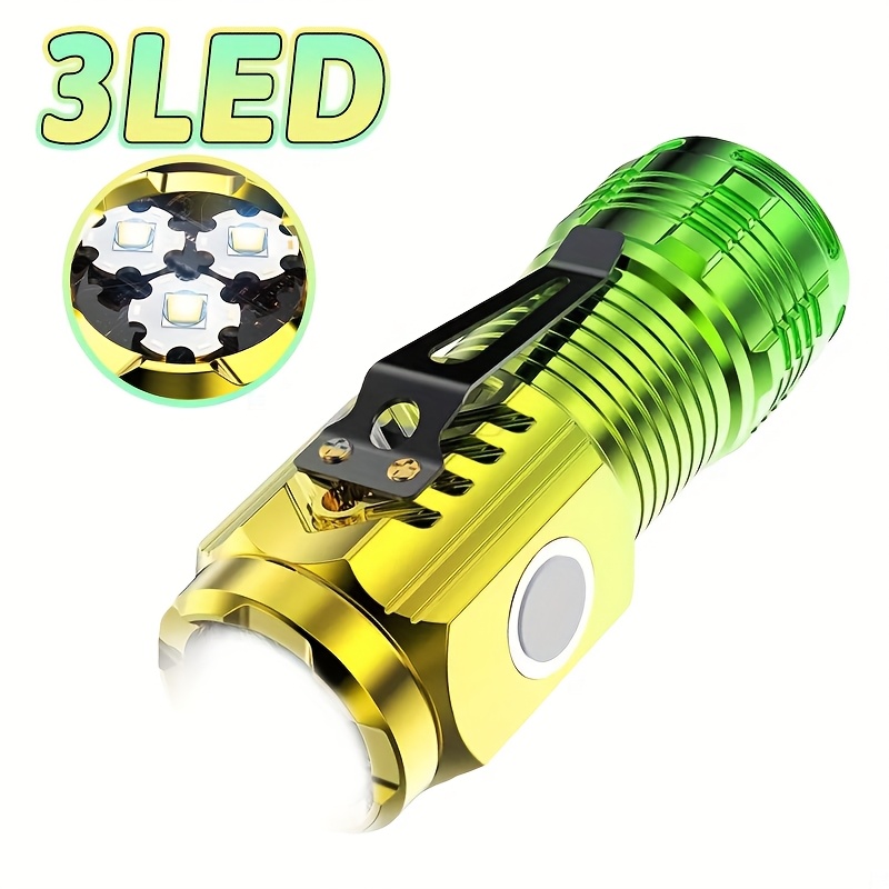 E-shop eine LED-Handlampe mit drei LEDs und einem Rückclip-Design für freihändige Nutzung, geeignet für Hüte oder Rucksäcke. Es ist eine