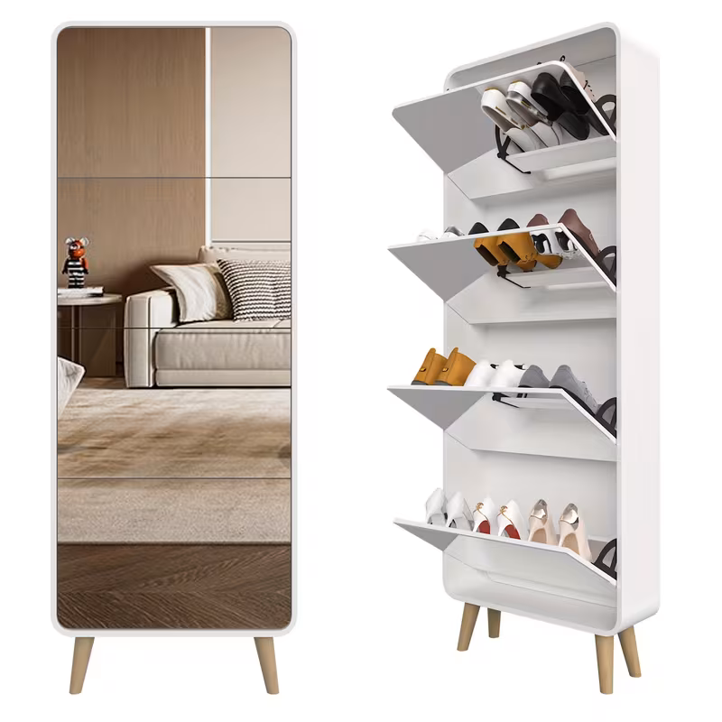 your entryway 4 drawer mirrored shoe cabinet space saving narrow organizer with flip lids wood legs hidden storage for up to 16 pairs of shoes modern Product details 3