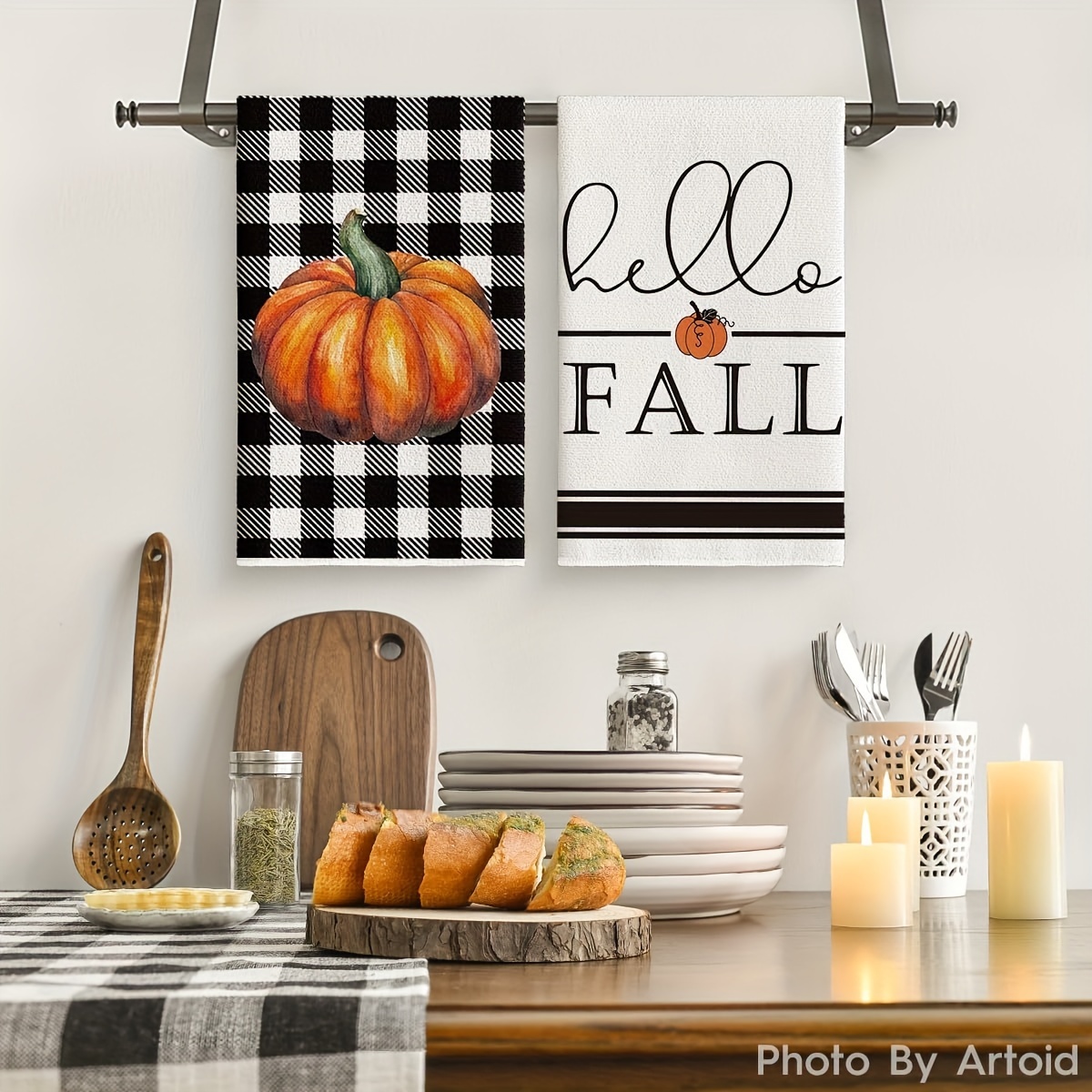 

Vintage Pumpkin Plaid Kitchen Towels - 2pcs Set, Polyester Dish Cloths For Autumn & Thanksgiving Decor, Cooking, Baking, And