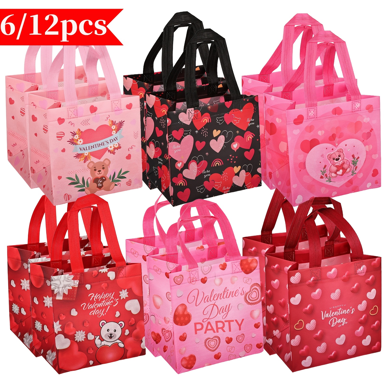 

6/12 Pack Valentine's Day Gift Bags, Reusable Non-woven Tote Bags With Handles, Heart & , Polypropylene, 7.9x5.9x7.9 Inches, Anniversary & Gifting