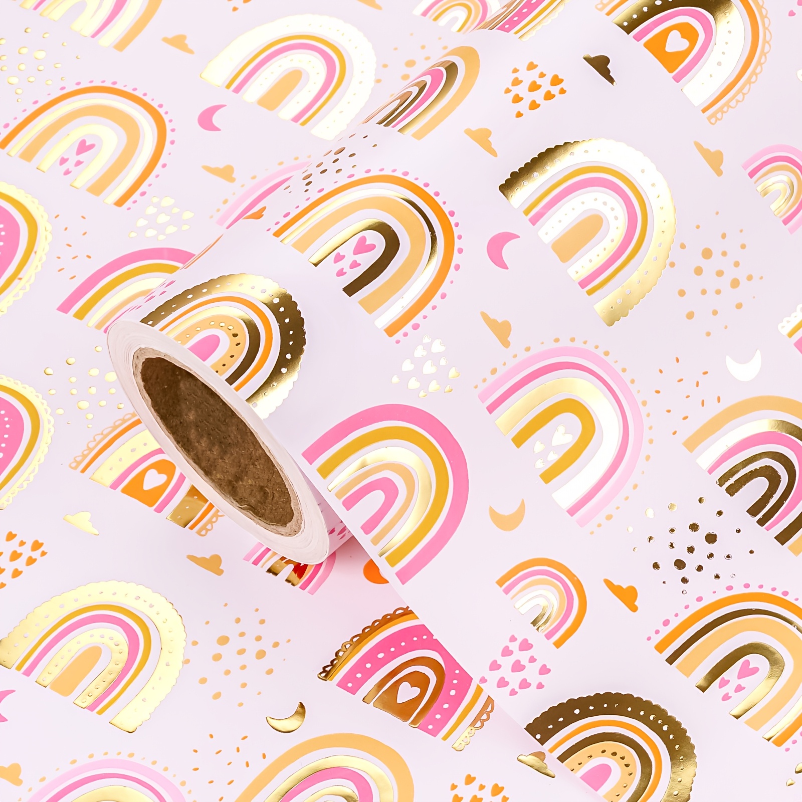 Image of 1 Roll Pink/blue Rainbow Gift Wrapping Paper, Pastel Rainbow With Accents, Hearts & Print Gift Wrap Roll For Baby Shower, Gender Reveal, Birthday, , 43.2cm X 500cm