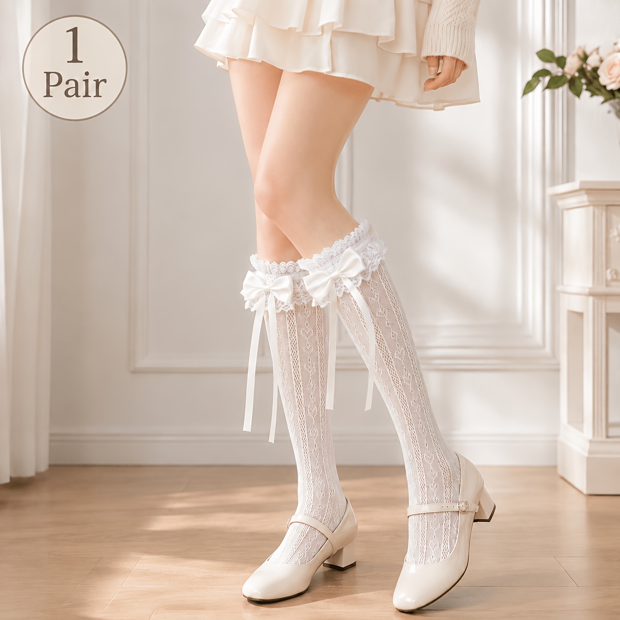 TEMU 1 Pair Women's Lace Trim & White Calf Socks With Heart Pattern - Nylon Stockings Suitable For School, Parties, Dates, Performances - Durable