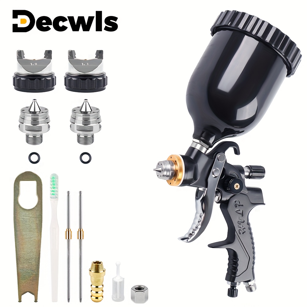 

1pc Decwls Hvlp Air Gravity Spray Set, 600cc Professional Metal Paint Sprayer With 1.3mm & 1.8mm Nozzles, Adjustable Black Spray , Includes Cleaning Kit For Cars, Walls, Furniture, Panels - Uncharged