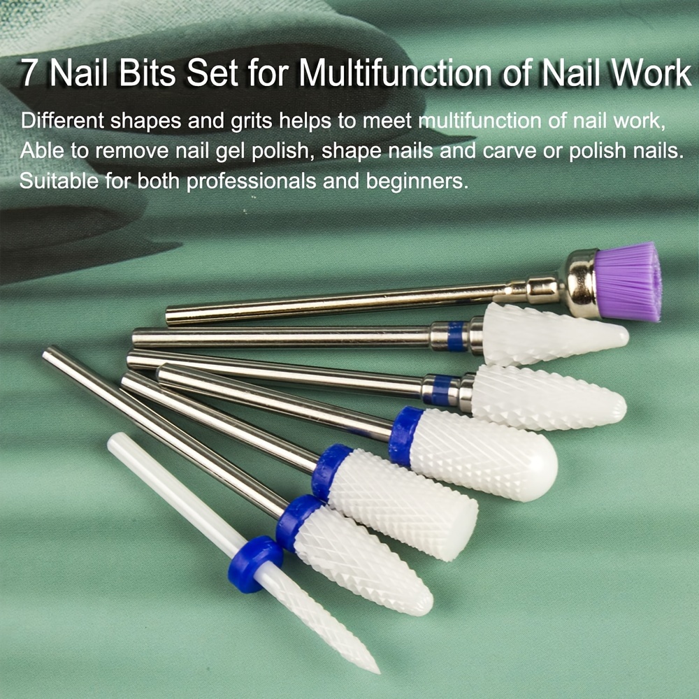 

7pcs Ceramic Nail Drill Bit Set, Multi-use Cuticle Cleaner Acrylic Nail Gel Polish Removal, Professional Manicure Pedicure 3/32" Bits, Safe Sharp High Hardness Unscented Tools For Nail Art