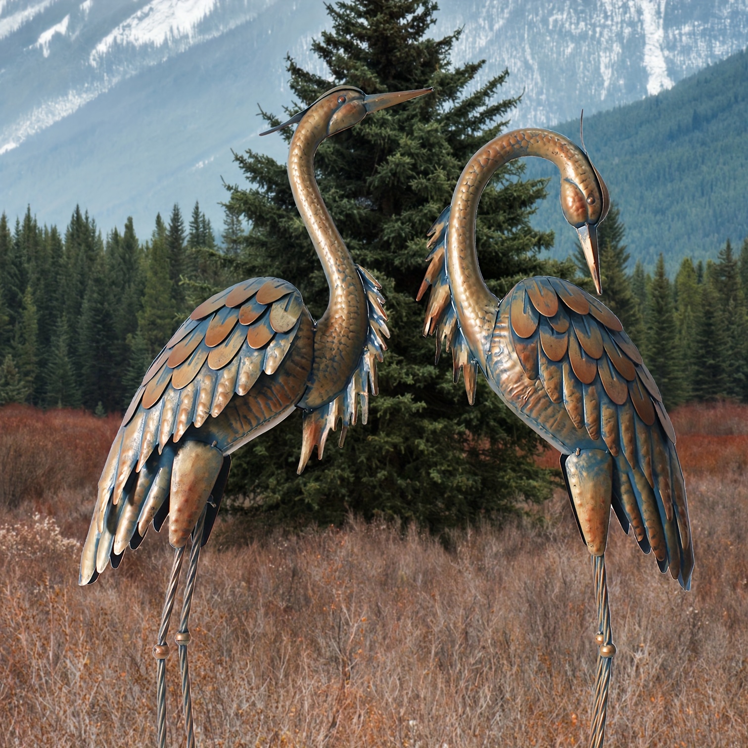 Gartenkranich-Statuen Aus Metall, 2er-Set – Blaureiher-Dekoration Für Teich, Rasen & Terrasse