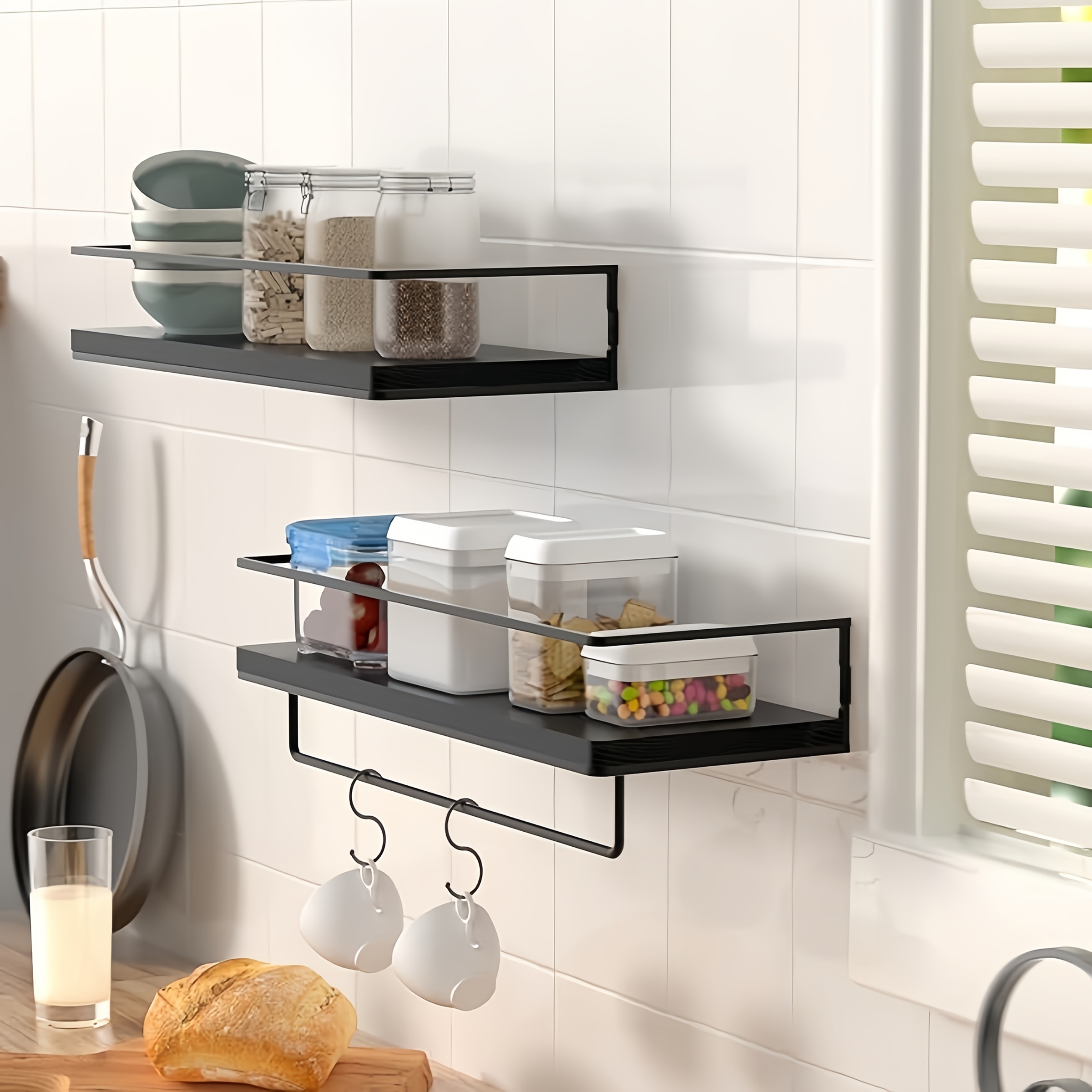 Schweberegale 2er-Set – Schwarzer Metallrahmen Mit Glasböden, Handtuchhalter, Für Bad, Wohnzimmer, Küche, Einfach Zu Montieren