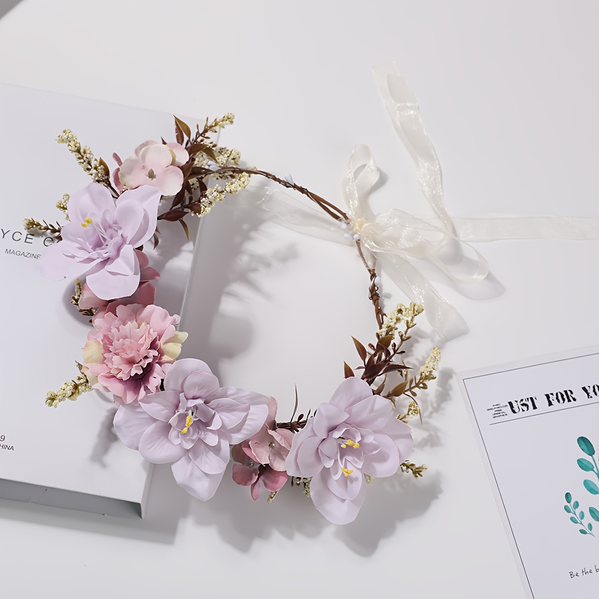 TEMU 1 Fascia per Capelli Boh矇mien Ultra-chic con Fiori, Accessorio per Capelli da Sposa con Fiori Artificiali per San Valentino, Copricapo per Foto