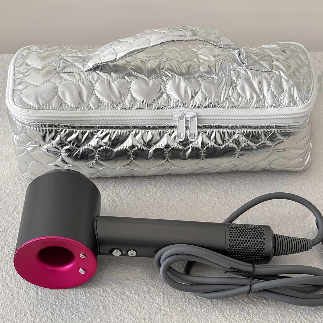 Image of Heart Quilted Travel Bag, Large Capacity Storage Organizer For Curling Iron, Cosmetics & Toiletries