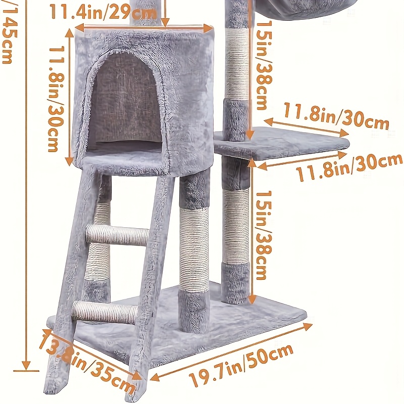Stâlp pentru pisici de interior de 140 cm | Stâlp de zgâriat pentru pisicii cu mai multe niveluri pentru pisoi cu stâlpi de zgâriat, rampă, coșuri, orificiu spațios pentru pisici și jucărie suspendată cu pompom, gri deschis, material lemnos de IKUNQUAN