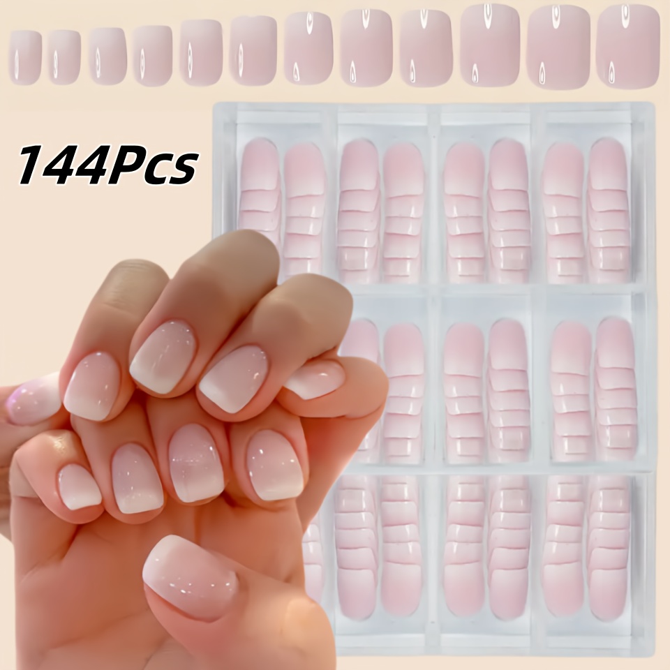 TEMU 144pcs Short Square Press-on Nails Set, Nude & Pink Gradient, Glossy Finish, French Style Apricot Ombre Soft Gel Nail Tips For Diy, Simple And Versatile Design