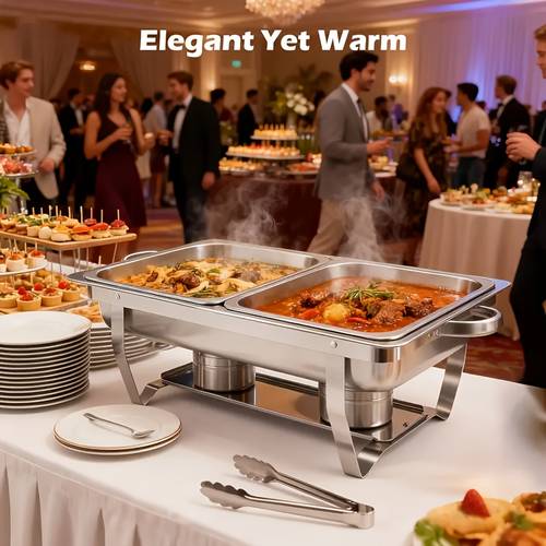 a set of silvery rectangular chafing dishes designed for buffets made of stainless steel ideal for keeping food warm at banquets and catering events intended for cooking purposes cooking