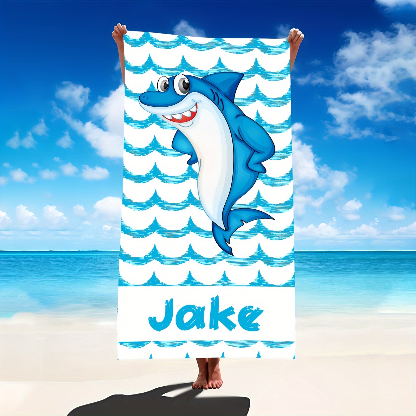 

Custom Cartoon Shark Beach Towel - Personalized Text, Ultra-absorbent & Soft Polyester, Swimming, Yoga, And Beach Accessories - Ideal Gift For