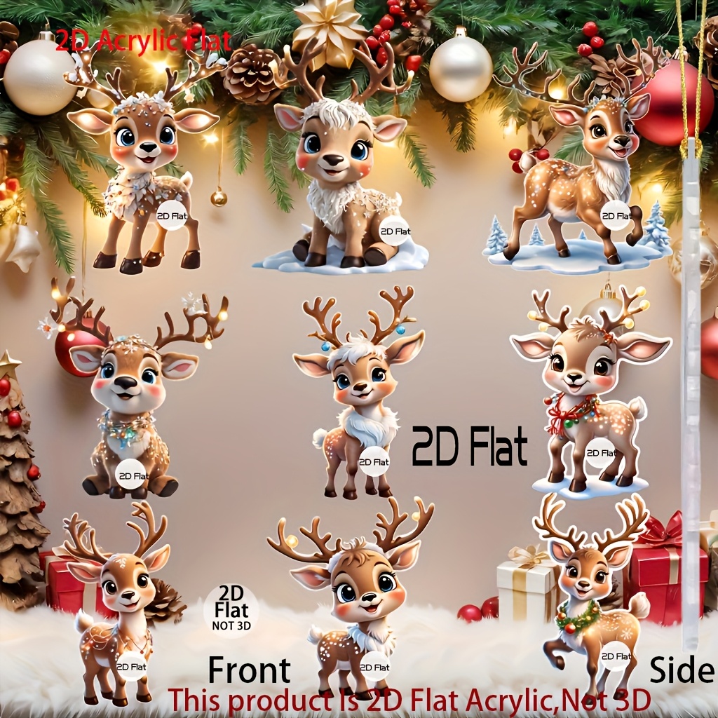 Image of 2d Flat - 9pcs Set Of Cute Reindeer Acrylic Ornaments With Christmas Lights, Perfect For Decorating Christmas Trees, Halloween, Car , And As Collectible Hanging Decorations For Festive Occasions