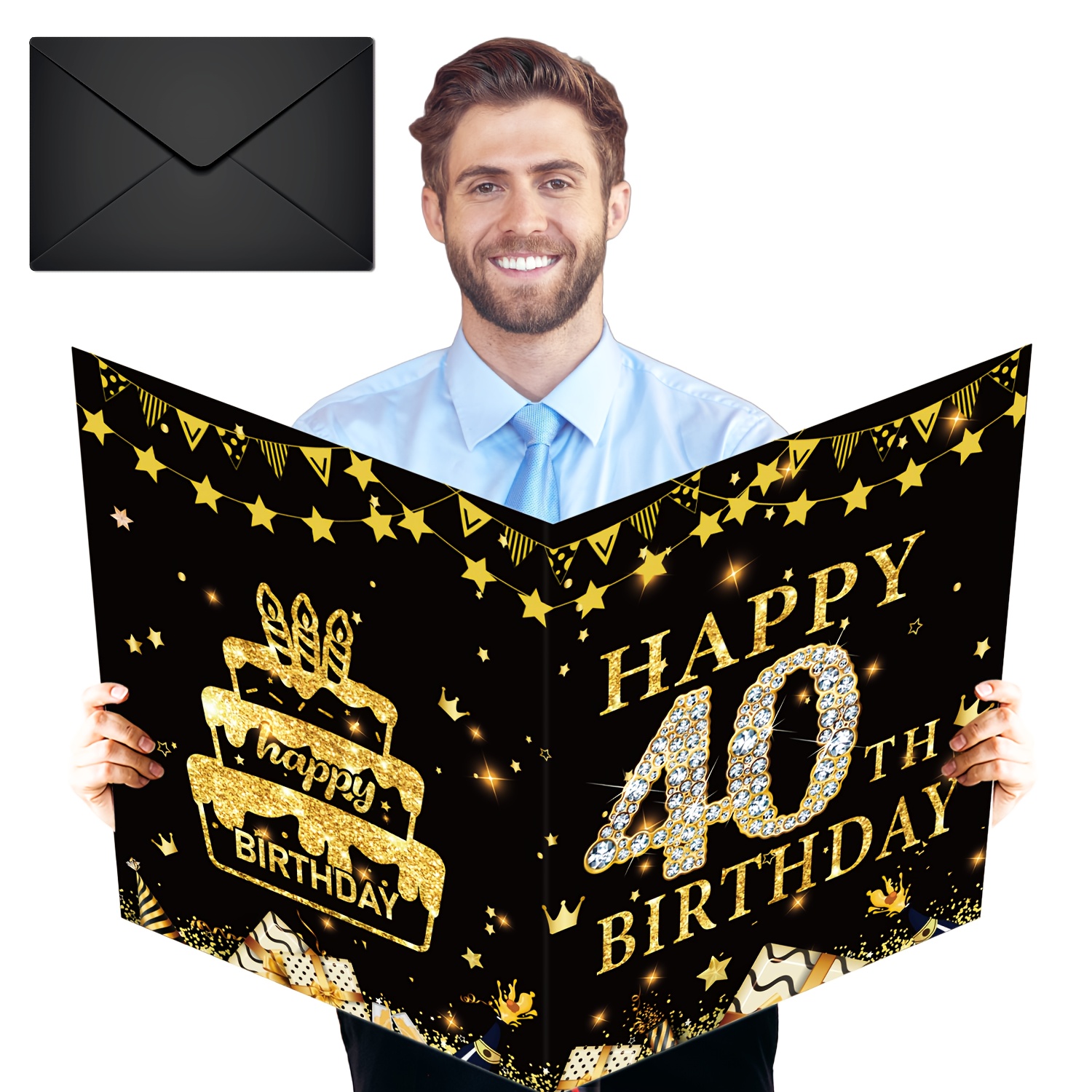 Image of 1pc, 40th Birthday Party Decoration, Craft Message Book, Black And Golden 40th Birthday Party Supplies, Commemorative Book, Oversized Birthday Card With Envelope, Happy Birthday Giant Message Book