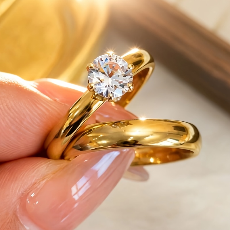 TEMU Znice Ensemble 2 pièces 18K Plaqué Or 4Mm Brillant, Bague Unique en Acier Inoxydable, Cadeau d'Anniversaire de Fiançailles Bijoux